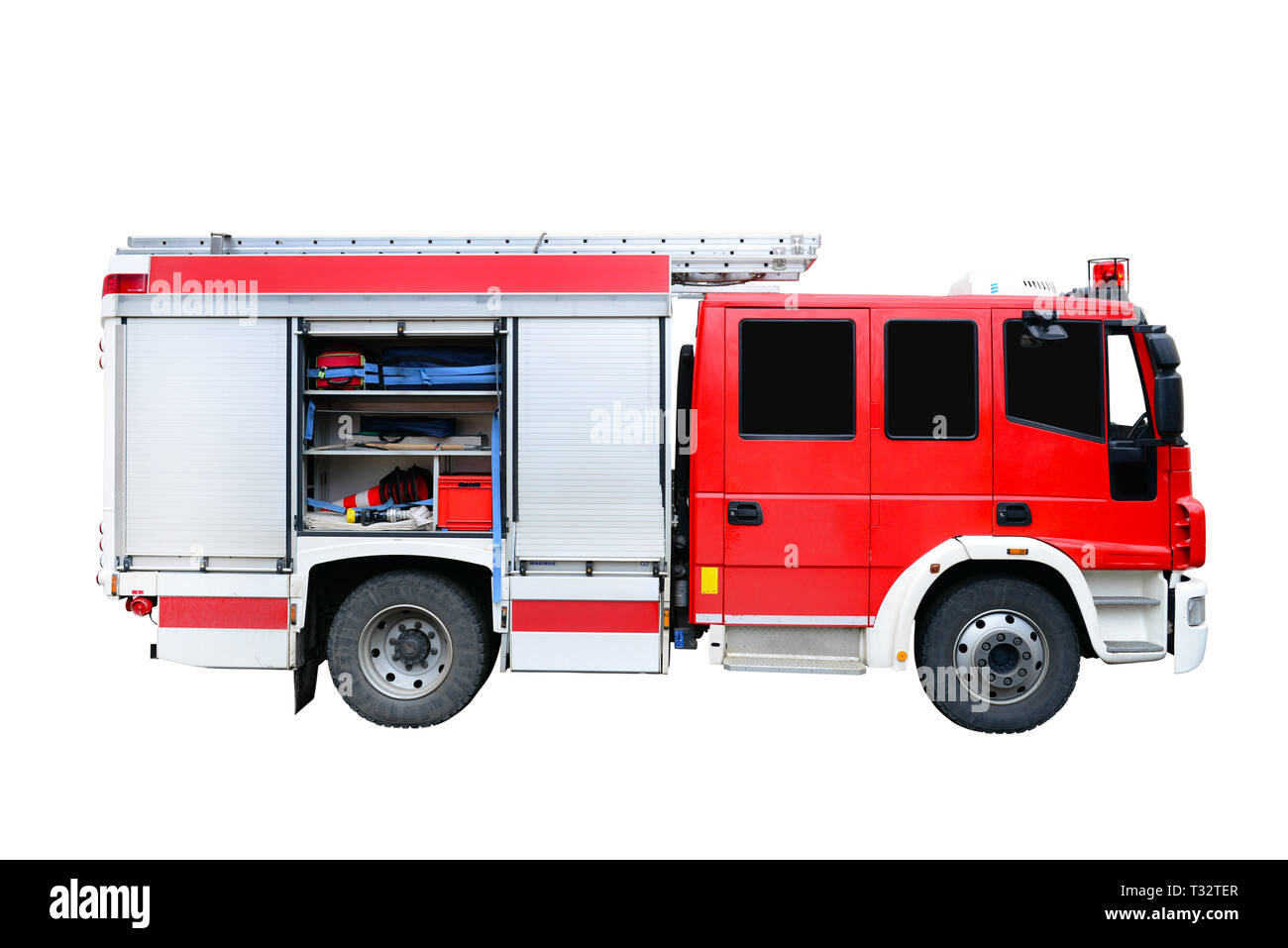 Vigili del fuoco carrello incendio veicolo di soccorso isolato su bianco Foto Stock