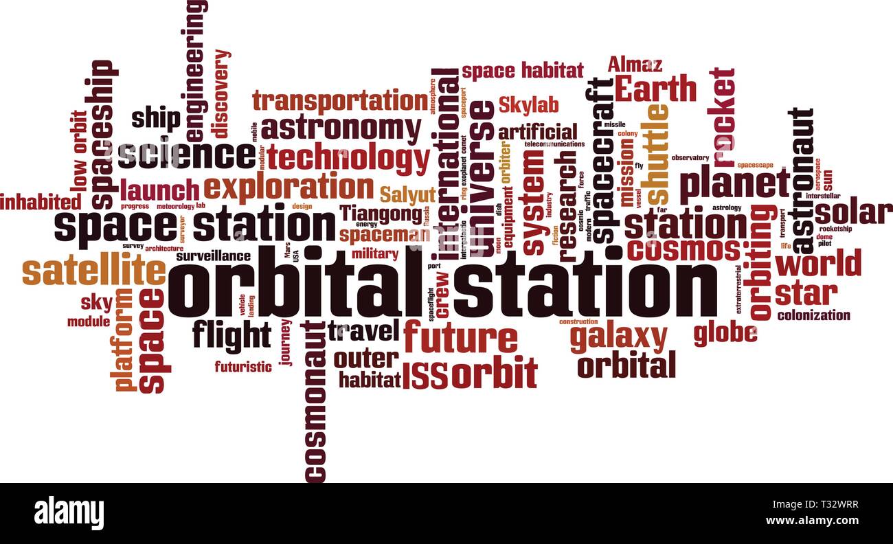 La stazione orbitale parola concetto di cloud computing. Collage fatto di parole circa la stazione orbitale. Illustrazione Vettoriale Illustrazione Vettoriale