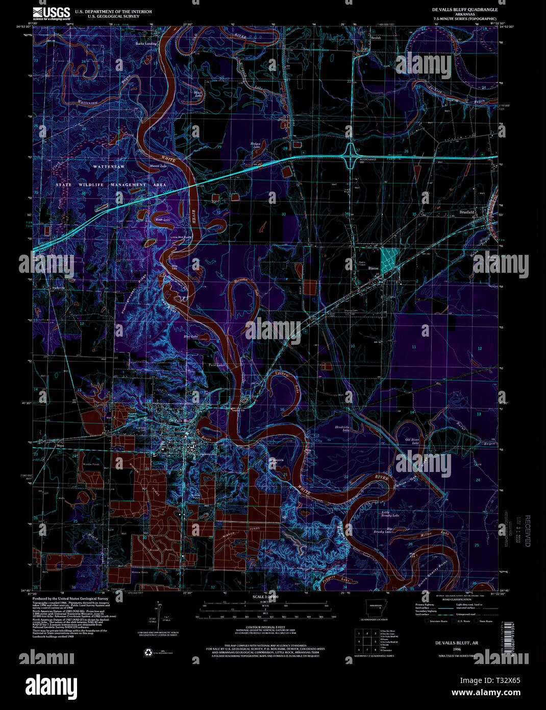 USGS TOPO Map Arkansas AR de Valls Bluff 258317 1996 24000 Restauro invertito Foto Stock