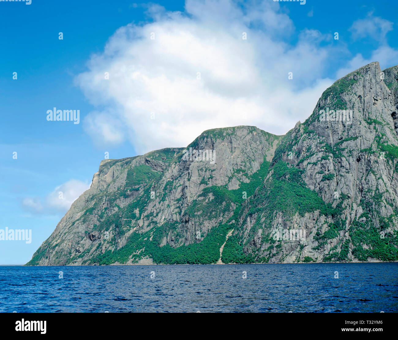 Canada, Terranova, Parco Nazionale Gros Morne, miliardi di anno-vecchio rock del lungo raggio forma montagne ripide scogliere sopra Western Brook Pond; un inlan Foto Stock