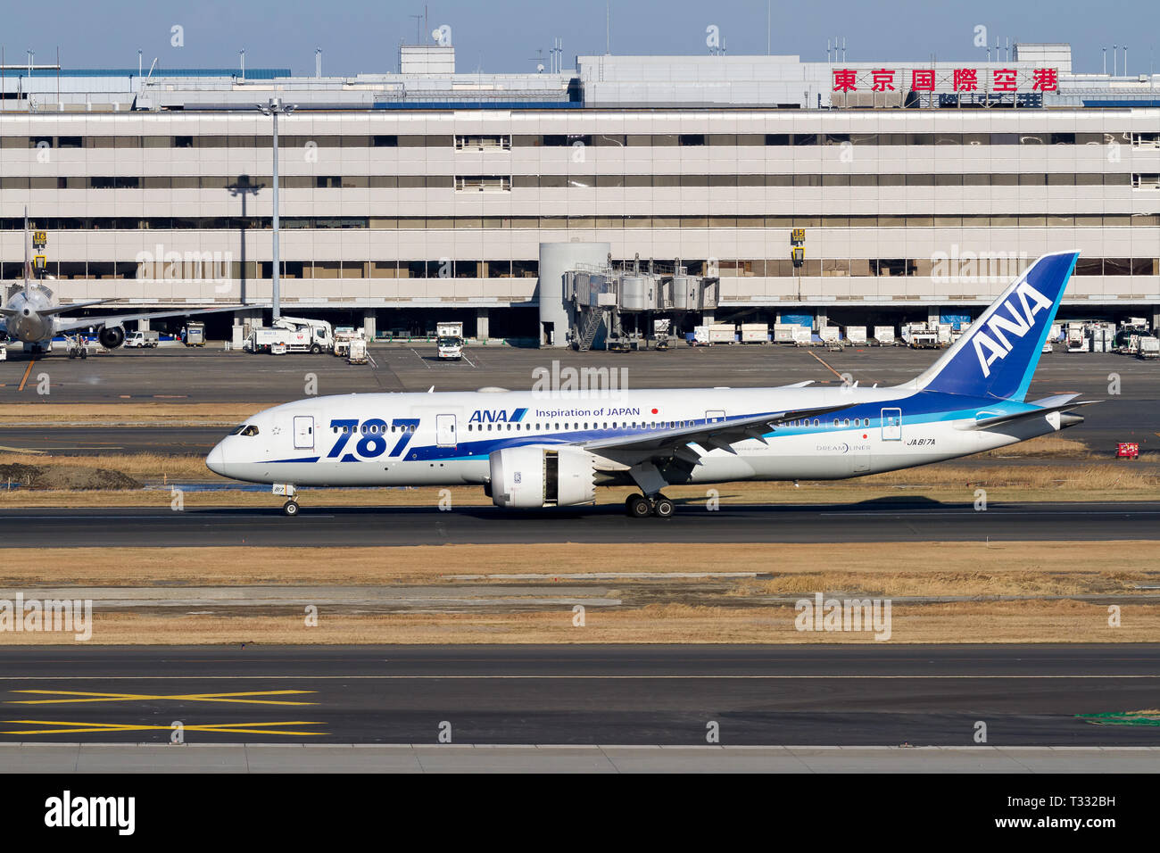 Un Boeing 787 Dreamliner con ANA (All Nippon Airways) all'Aeroporto Internazionale Haneda, Tokyo, Giappone. Foto Stock