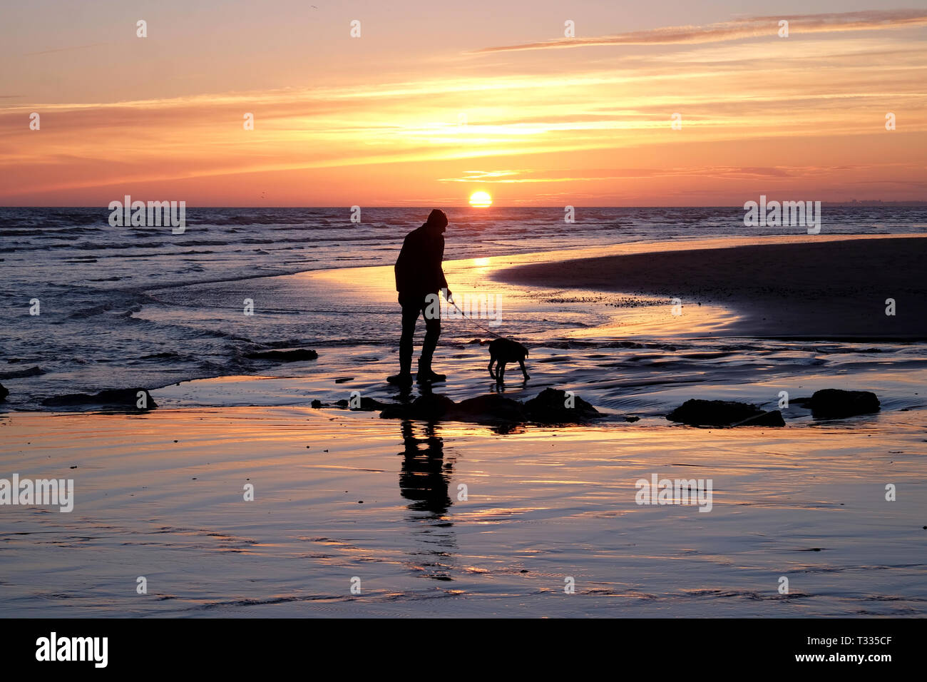 Un solitario irriconoscibile uomo a camminare con il suo cane al guinzaglio su una deserta spiaggia sabbiosa, sia lui che il cane hanno il loro torna alla fotocamera e sono wal Foto Stock