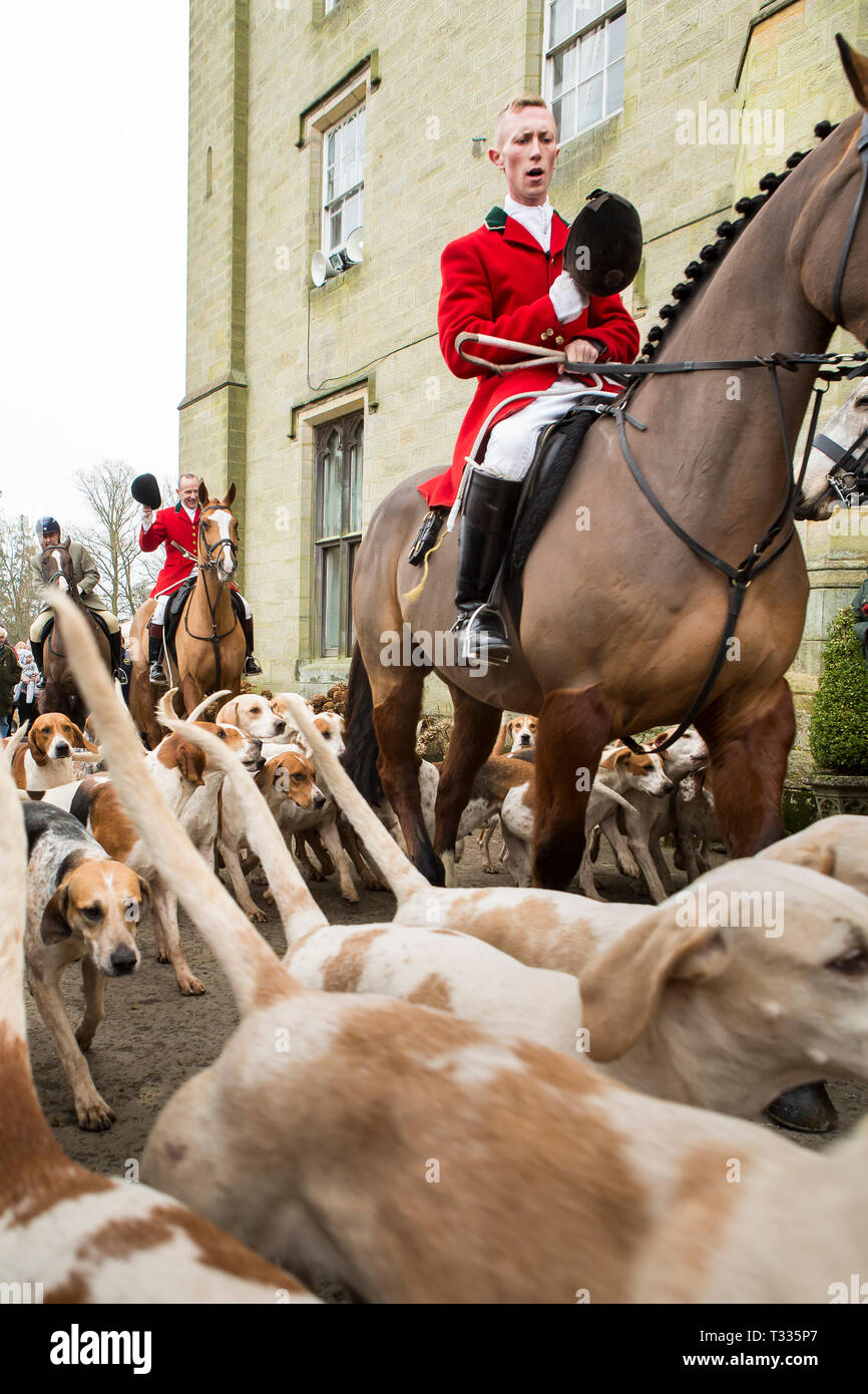 Cacciatori a cavallo del vecchio Surrey Burstow e West Kent Hunt si riuniranno presso Chiddingstone Castle per la boxe tradizionale giorno incontrano nel Kent, Regno Unito Foto Stock