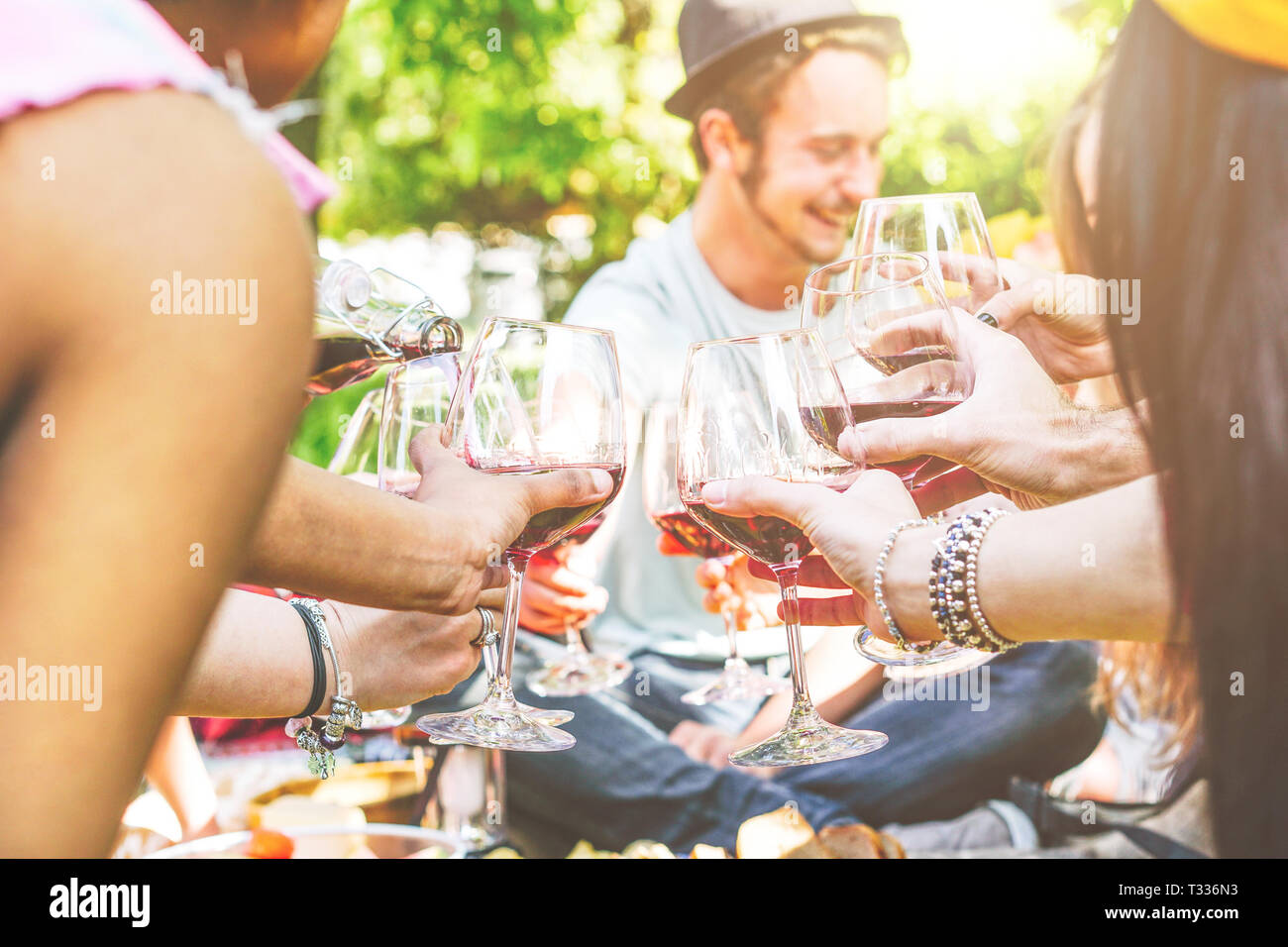 Giovani amici felice il tifo e divertirsi insieme in un picnic al cortile - gruppo di persone la tostatura con vino rosso bicchieri Foto Stock