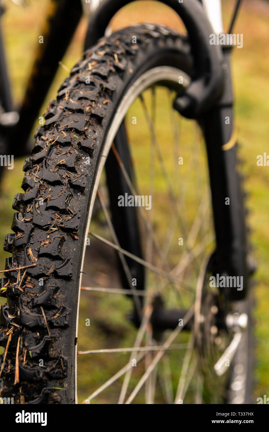 Ruota di una mountain bike con la sporcizia Foto Stock