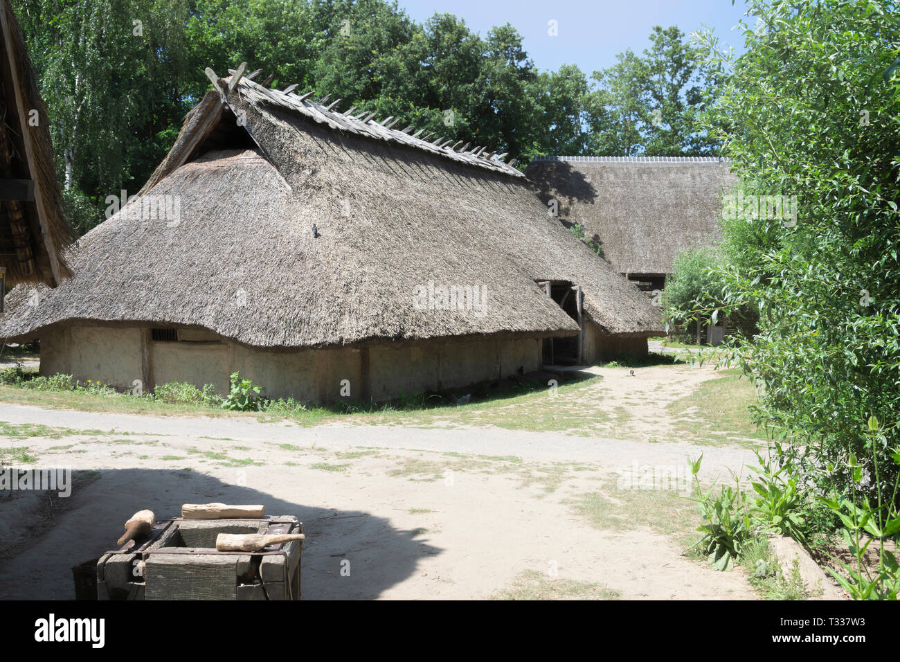 Eindhoven, Paesi Bassi - Giugno 30, 2018 la ricostruzione di una grande casa preistorico dell'età del ferro nel villaggio preistorico Foto Stock