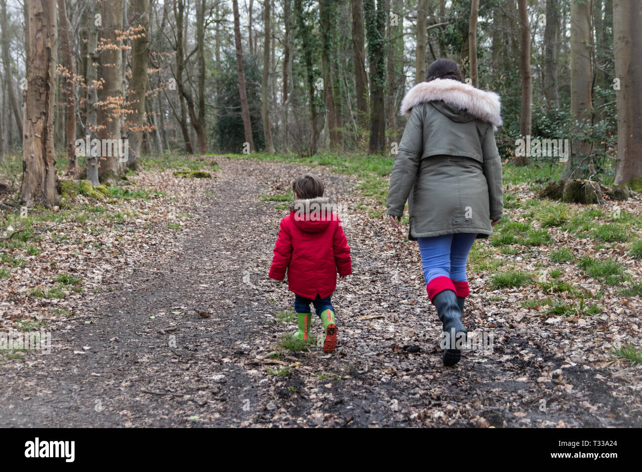 Madre e due anni di Sun a piedi nei boschi indossando wellies colpo da dietro Foto Stock