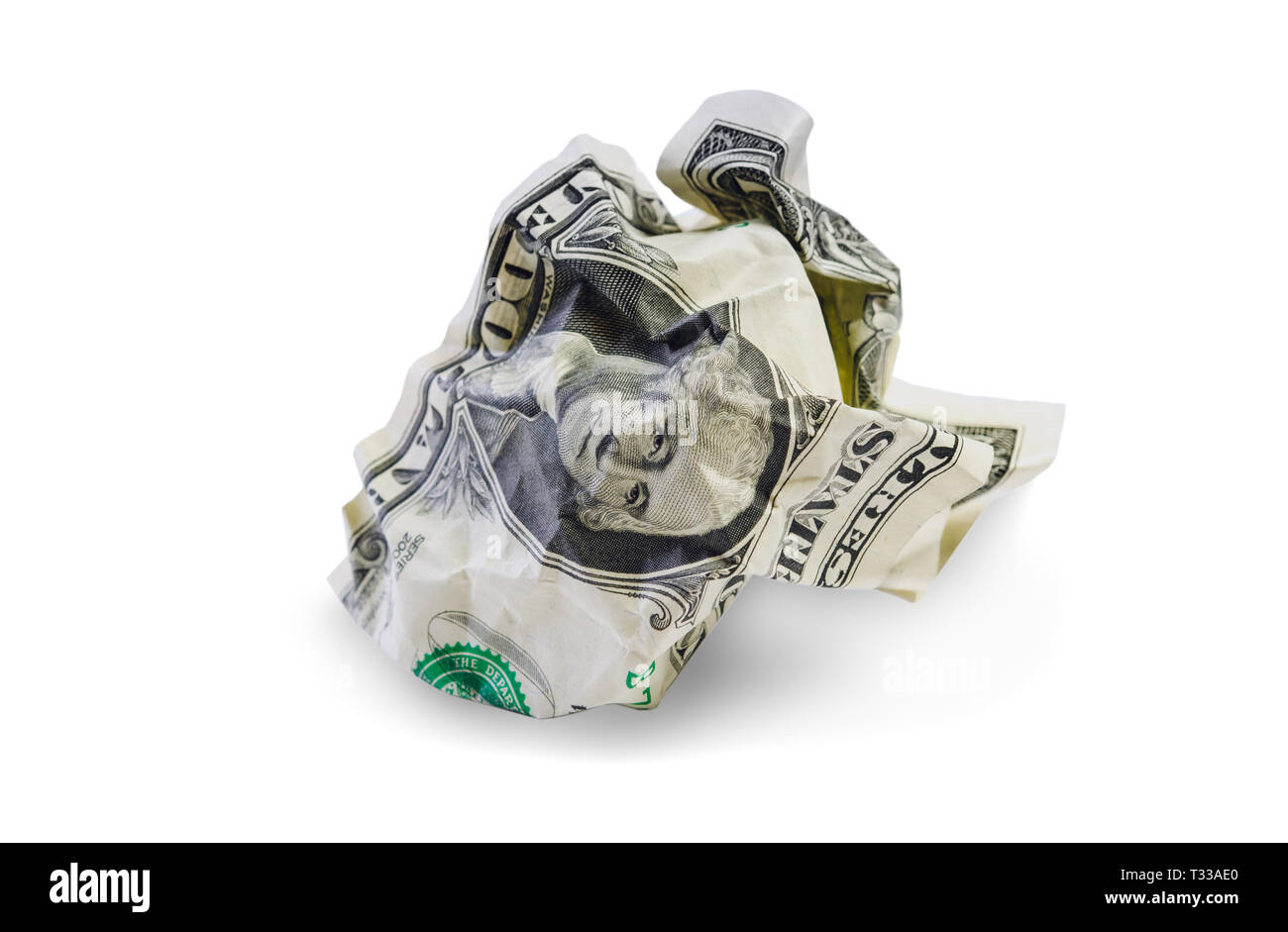 Un dollaro spiegazzata isolata su sfondo bianco. Percorso di clipping incluso Foto Stock