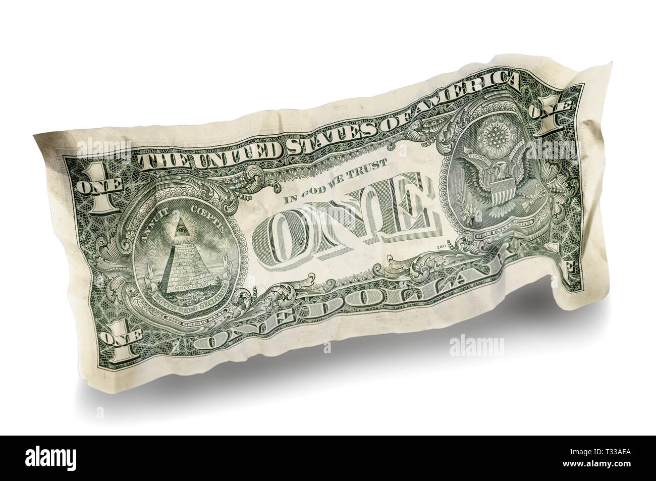 Uno accartocciata dollaro spiegazzata isolata su sfondo bianco. Percorso di clipping incluso Foto Stock