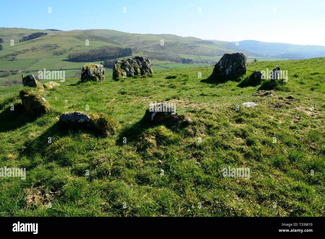 Dolgamfa round cairn frenato cairn cerchio di pietra nr Devils Bridge Galles Cymru REGNO UNITO Foto Stock