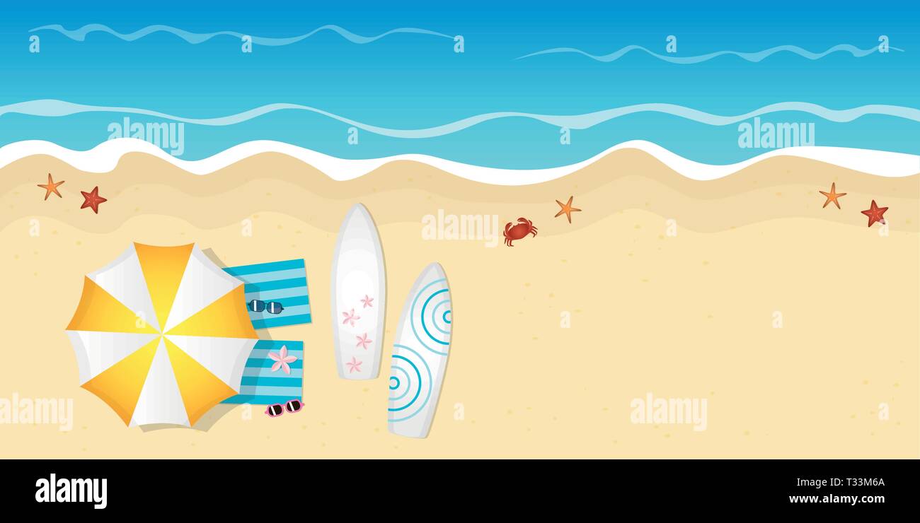 Due tavole da surf e occhiali da sole sulla spiaggia vacanze estate design con spazio copia illustrazione vettoriale EPS10 Illustrazione Vettoriale