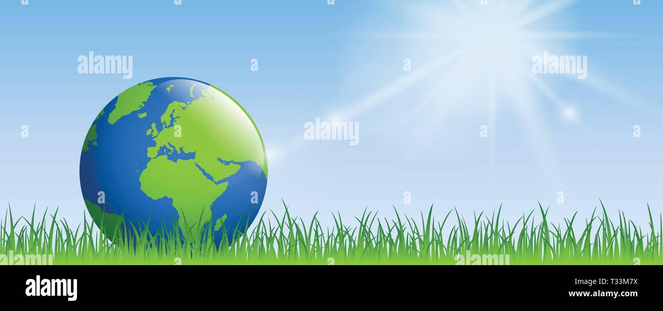 Il pianeta terra sul prato verde con sole banner con spazio copia illustrazione vettoriale EPS10 Illustrazione Vettoriale