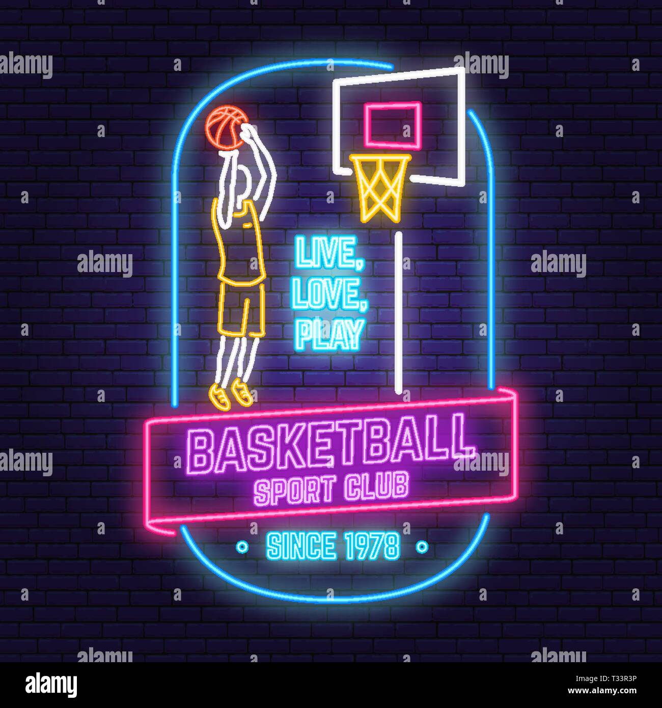 Il Basket Club design al neon o emblema. Vettore. Concetto di t-shirt, stampare il timbro o il raccordo a t. Vintage design tipografia con il giocatore di basket e basket Illustrazione Vettoriale
