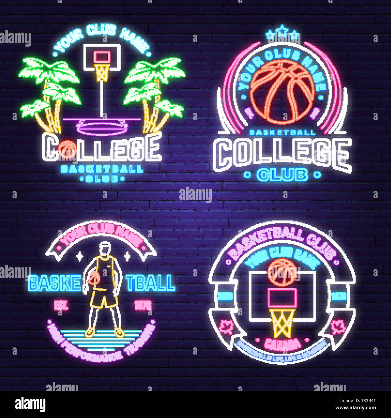 Set di basket club design al neon o emblema. Vettore. Graphic design per t-shirt, tee, stampa o capi di vestiario. Vintage design tipografia con basket hoo Illustrazione Vettoriale
