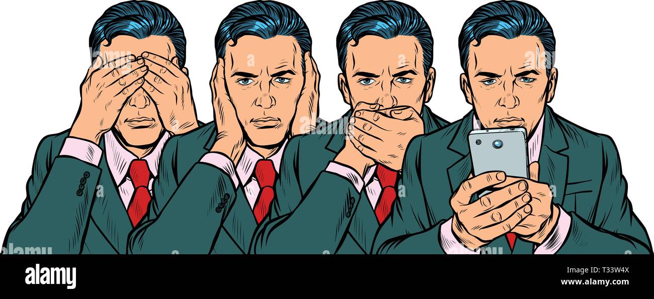 Non vedere dire guardare, smartphone concetto di comunicazione. isolare su sfondo bianco Pop art retrò illustrazione vettoriale kitsch vintage 50s 60s Illustrazione Vettoriale