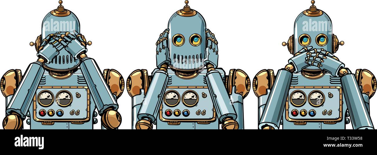 Robot. Non vedo nulla, non senti nulla, non dicono niente. isolare su sfondo bianco. La Pop art retrò illustrazione vettoriale kitsch vintage Illustrazione Vettoriale