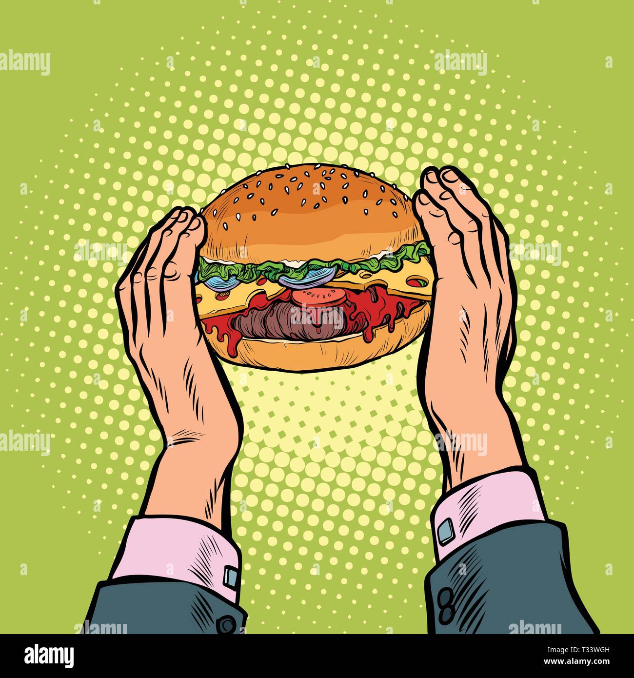 Mani tenendo un Burger. un ristorante fast food. La Pop art retrò illustrazione vettoriale kitsch vintage 50s 60s Illustrazione Vettoriale