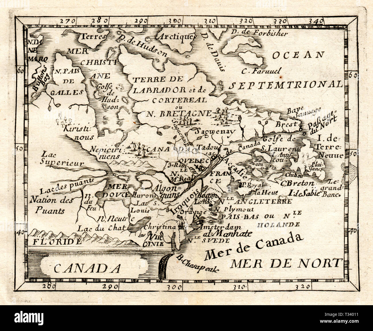 Mappa Antico del Canada e della Nuova Inghilterra mostra Nova Scotia New Brunswick, del Newfoundland, Quebec e le colonie americane di Pierre Duval, pubblicato a Parigi, 1682 Foto Stock