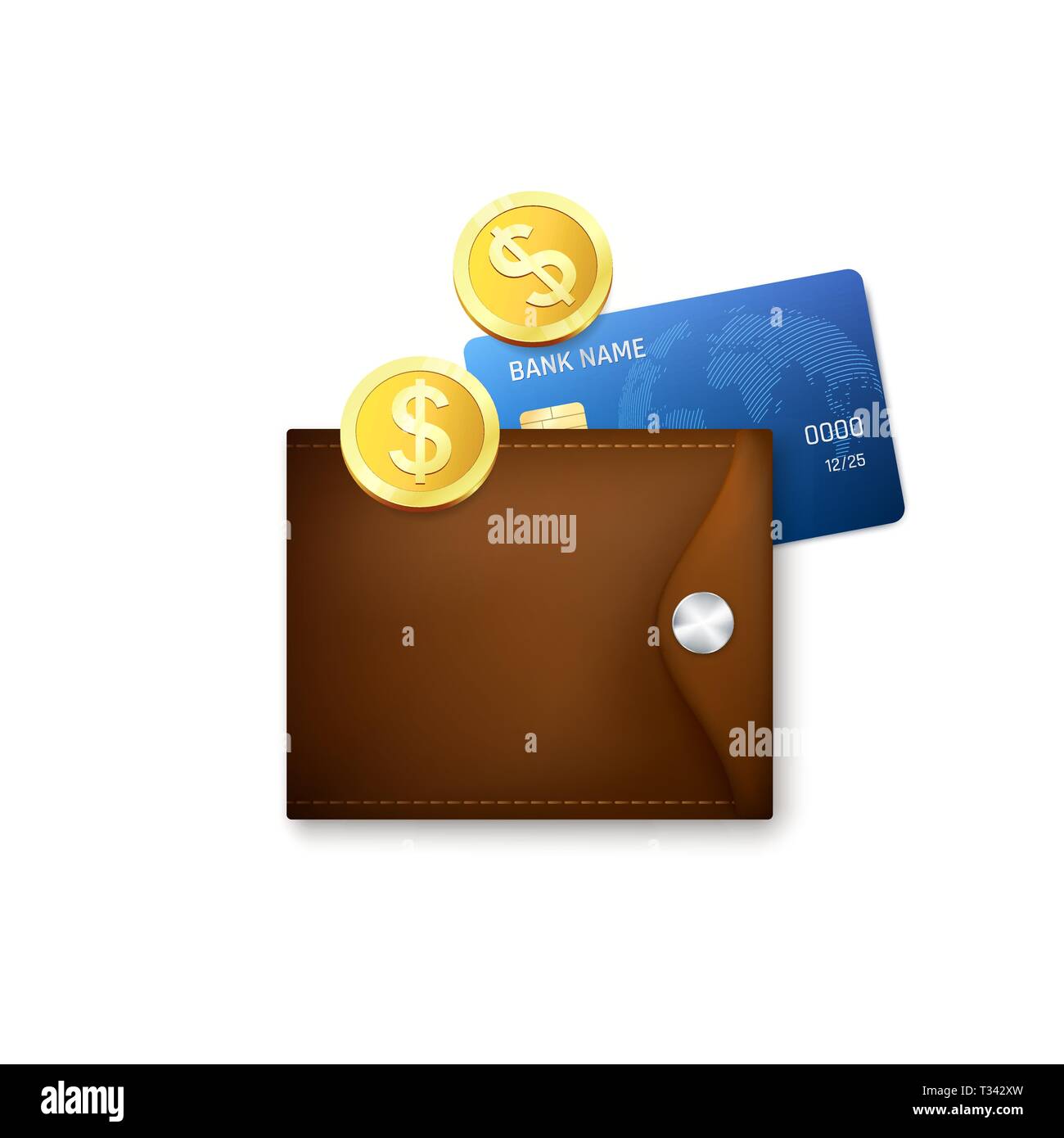 Marrone cuoio portafogli con carte di credito e monete d'oro. Illustrazione di vettore isolato su sfondo bianco Illustrazione Vettoriale
