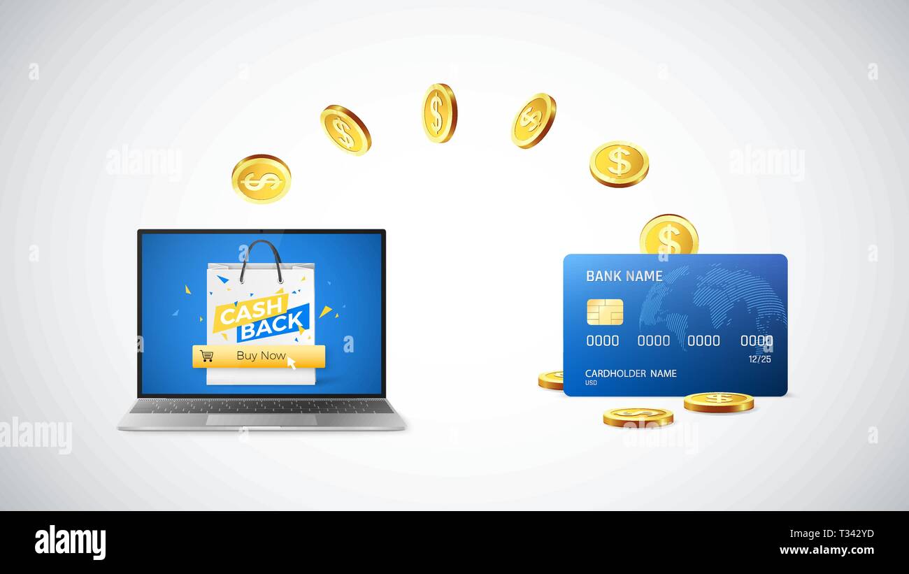 Cashback concetto. Le monete d'oro ritorno alla carta di credito dopo l'acquisto di cose online. Shopping online con cashback. Vettore Illustrazione Vettoriale