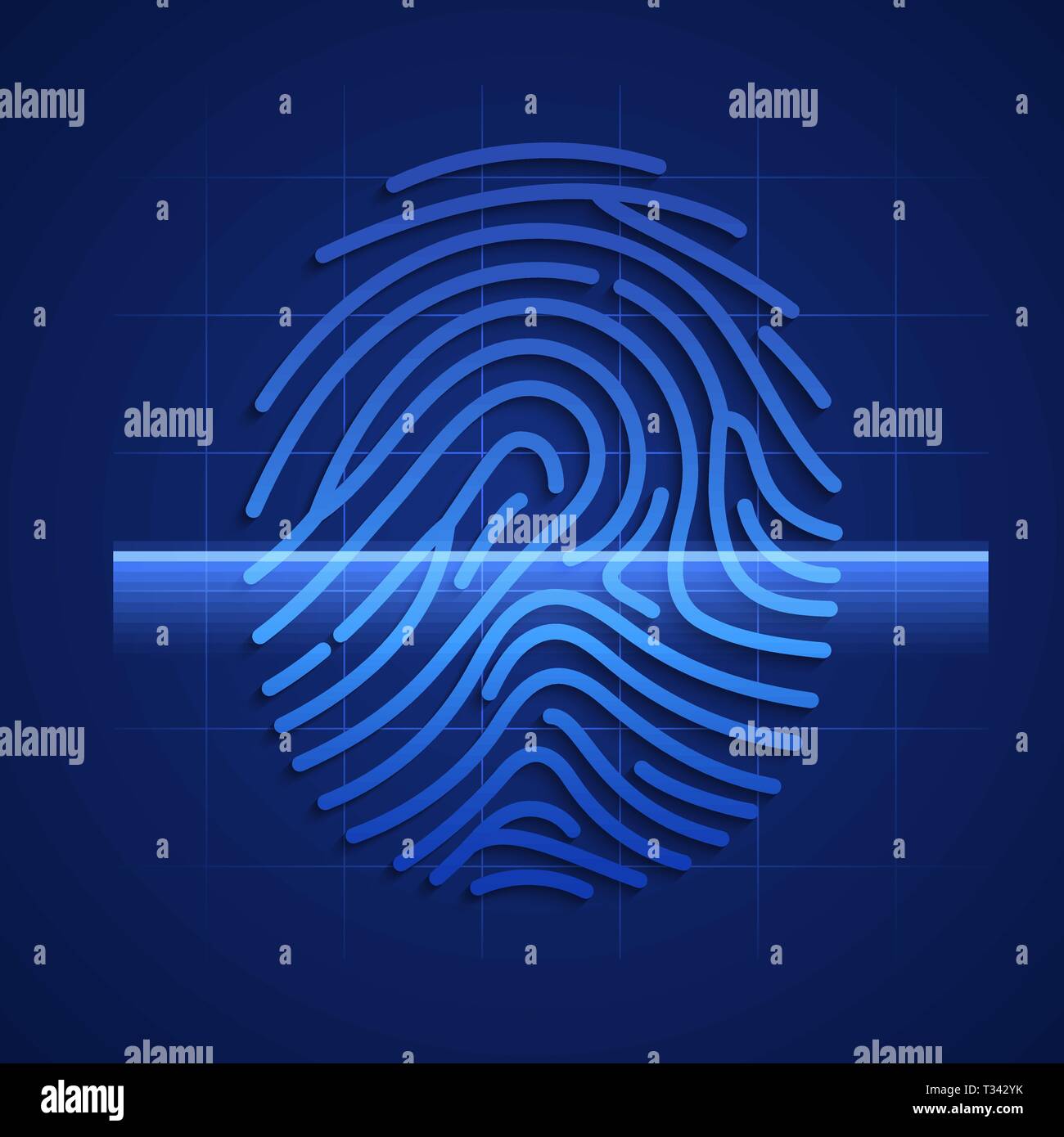 La scansione delle impronte digitali. Elemento di tecnologia HUD interfaccia. Illustrazione di vettore isolato su sfondo blu Illustrazione Vettoriale