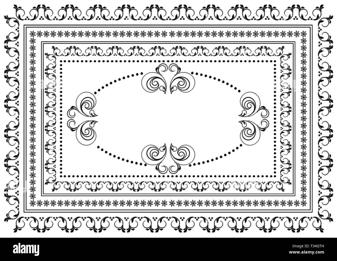 Vintage telaio nero con i bordi delle strisce di vorticazione, foglie e stelle con ornamento ovale al centro su sfondo bianco Foto Stock
