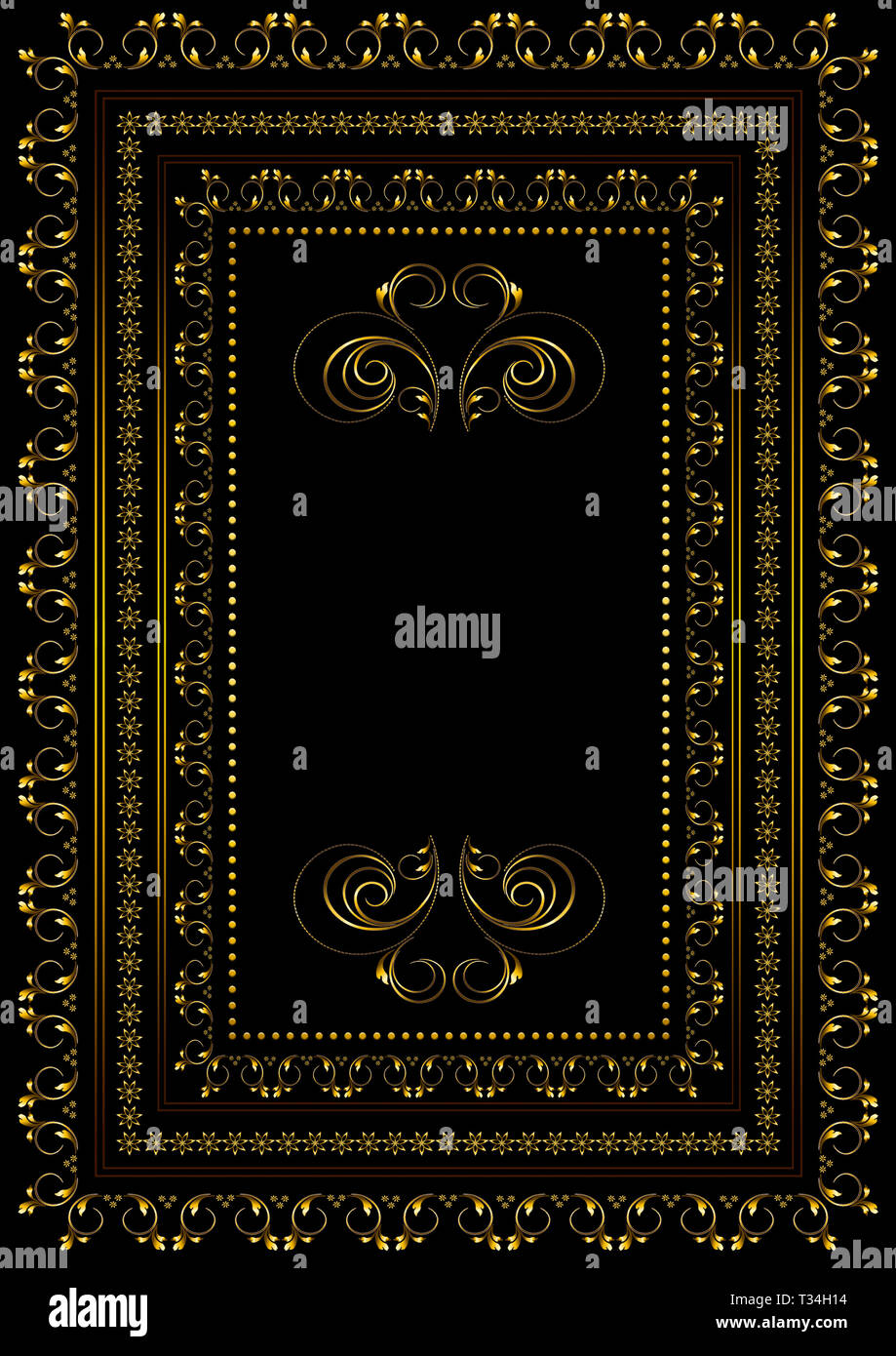 Cornice dorata con confini da un motivo a strisce curve e foglie e una delle frontiere delle stelle in una doppia cornice su sfondo nero Foto Stock