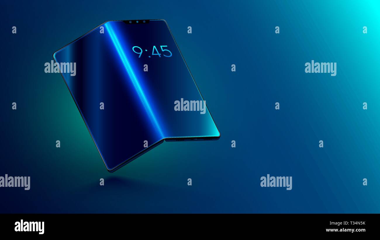 Smartphone pieghevole con schermo pieghevole. Flessibile del display del telefono cellulare piegato appeso sopra il tavolo. Nuova tecnologia che trasforma il telefono in un tablet Illustrazione Vettoriale