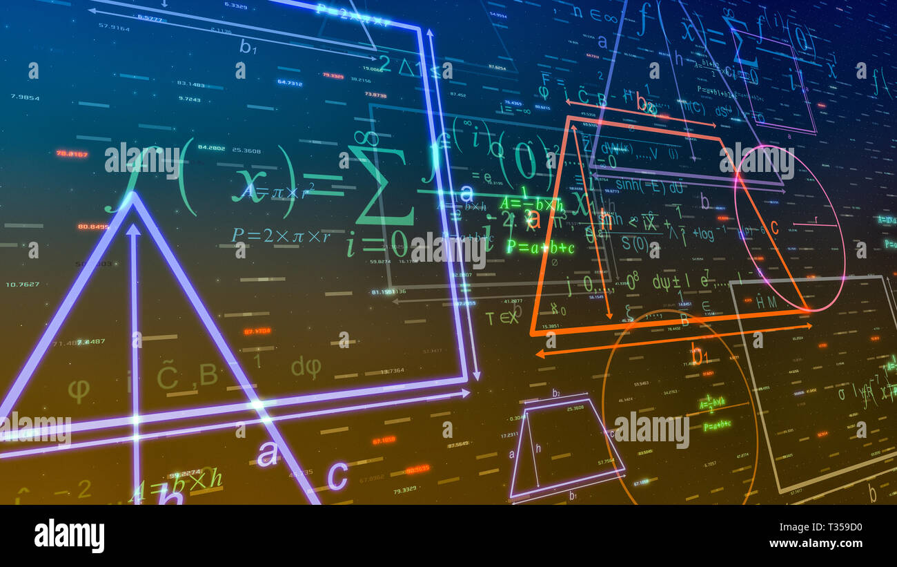 Forme geometriche e formule, abstract sfondo (3d rendering) Foto Stock