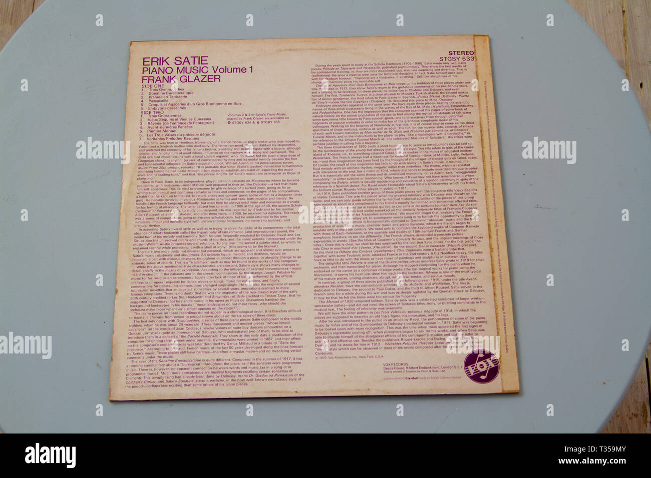 1970 album di Erik Satie pianoforte brani riprodotti da Frank Glazer Foto Stock
