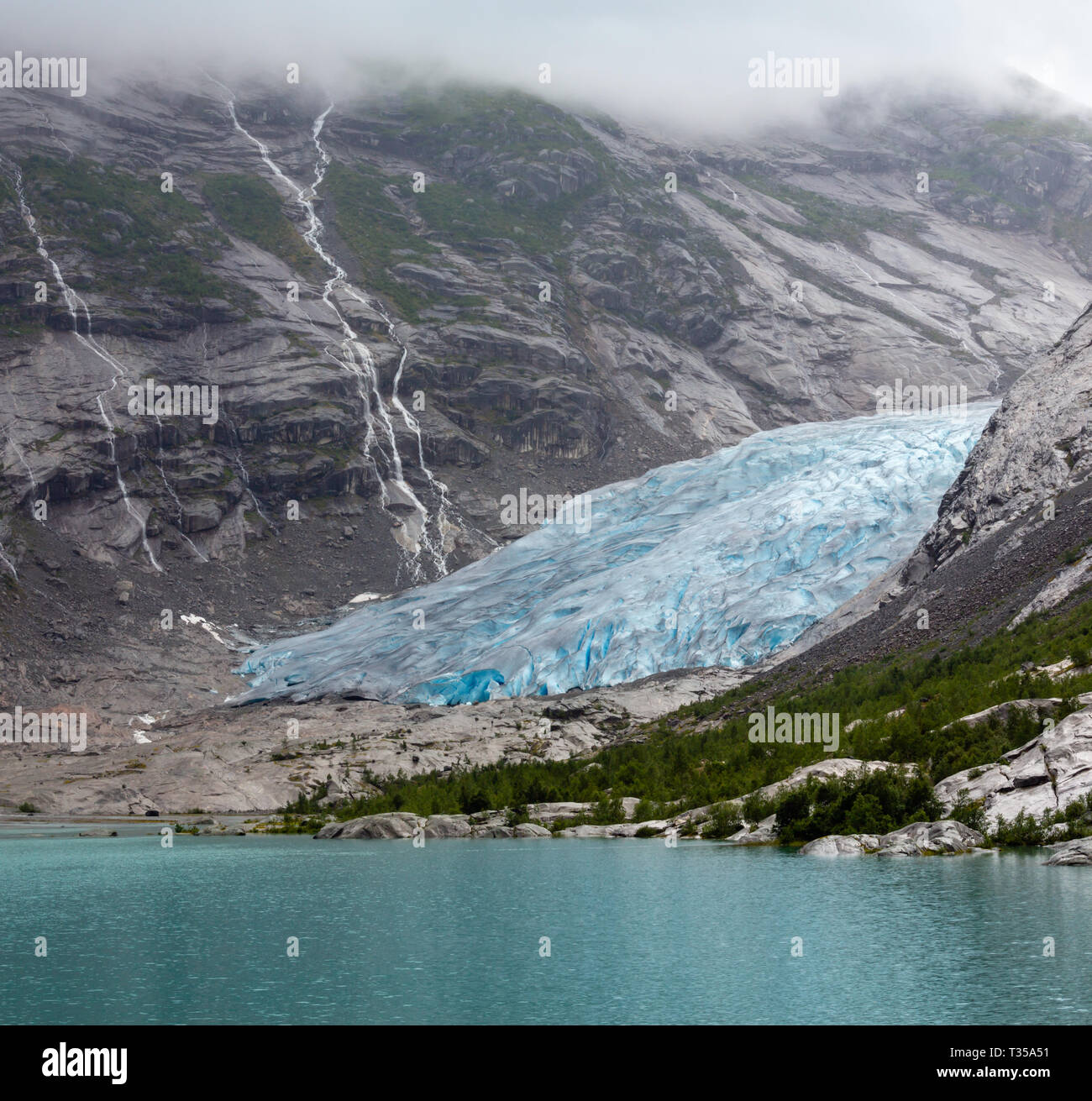 Estate coperto vista Nigardsbreen Glacier, Jostedal, Norvegia Foto Stock