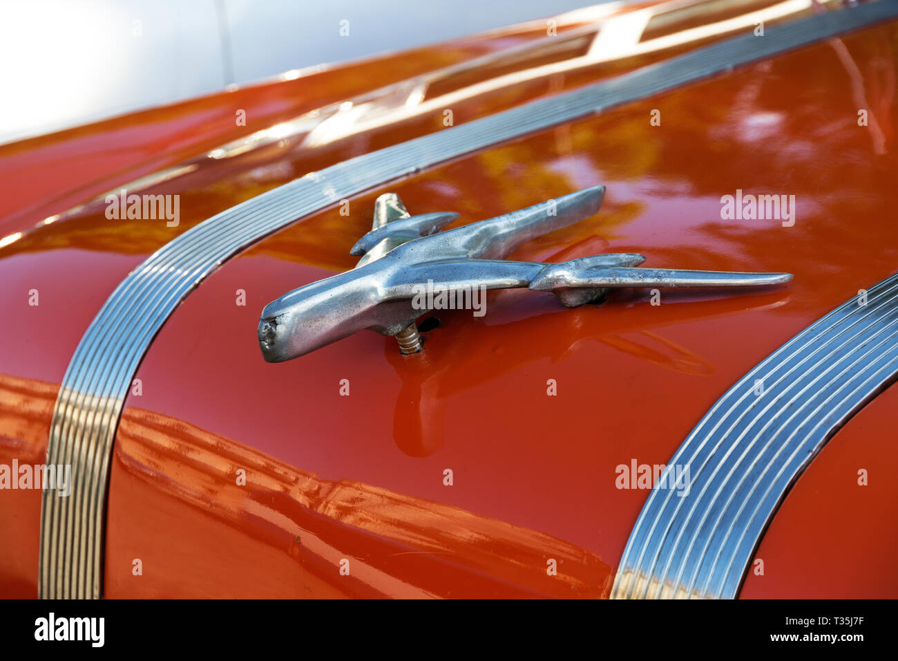 Orange 1955 Pontiac Capo ornamento del cofano, Havana, Cuba Foto Stock