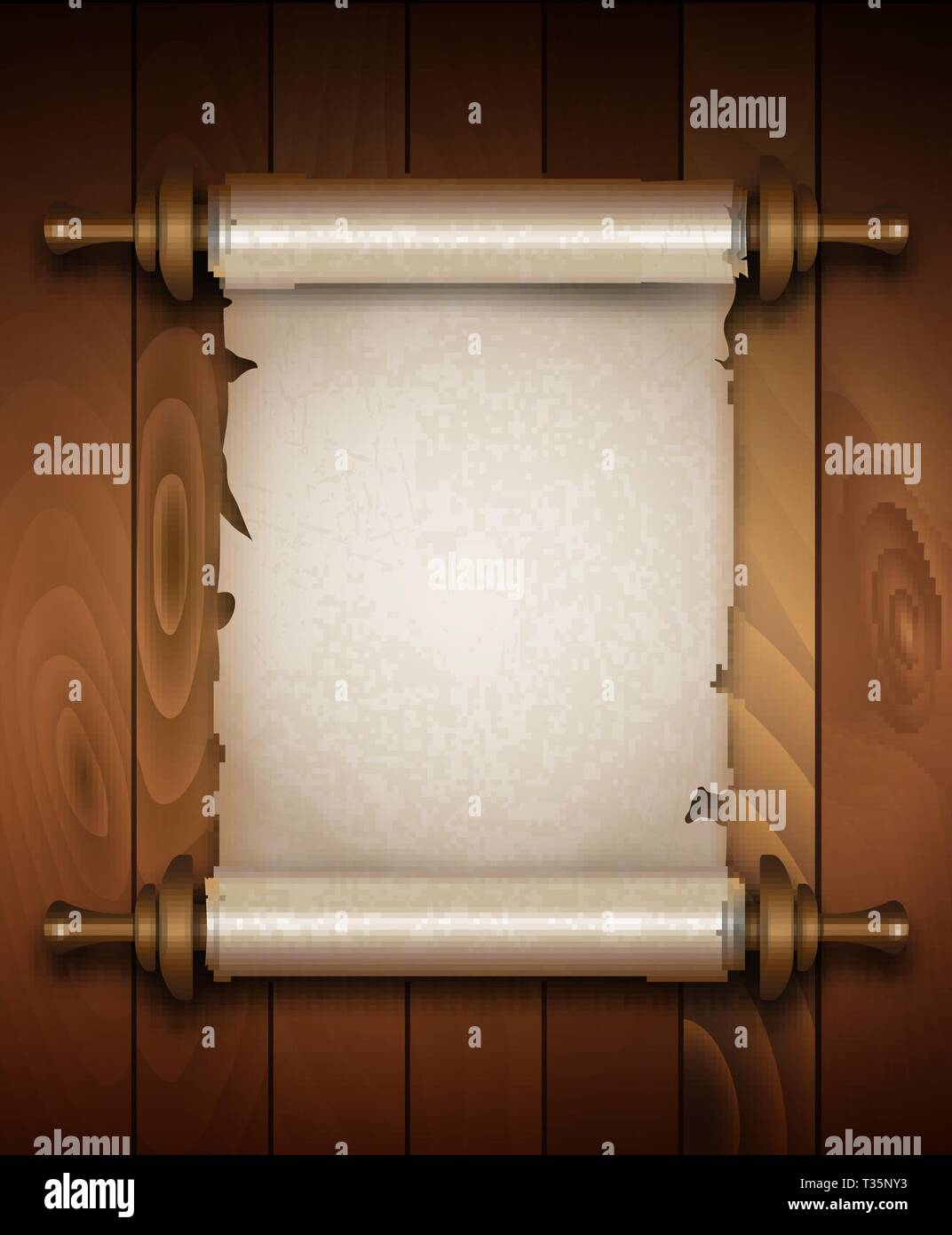 Verticale di scorrimento vecchia carta con manici su sfondo di legno con lo spazio per il tuo testo. illustrazione vettoriale Illustrazione Vettoriale