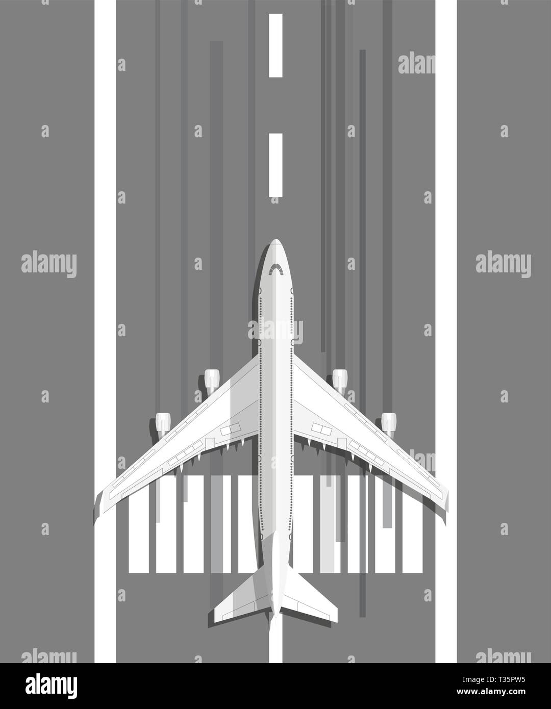 Bianco di aviazione civile aereo permanente sulla pista di atterraggio prima di decollare, illustrazione vettoriale in design piatto Illustrazione Vettoriale