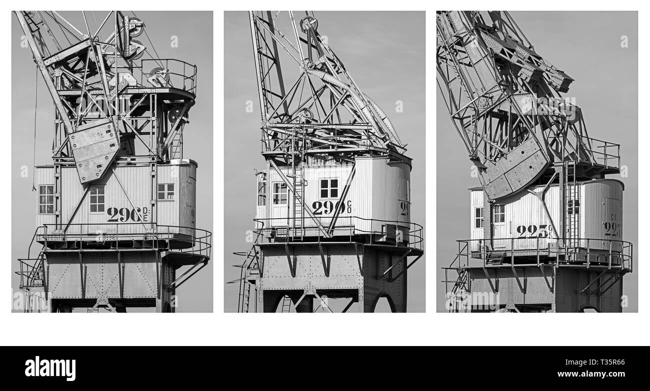 Tre vecchie procedure Dockside cranen. Anversa, Belgio Foto Stock