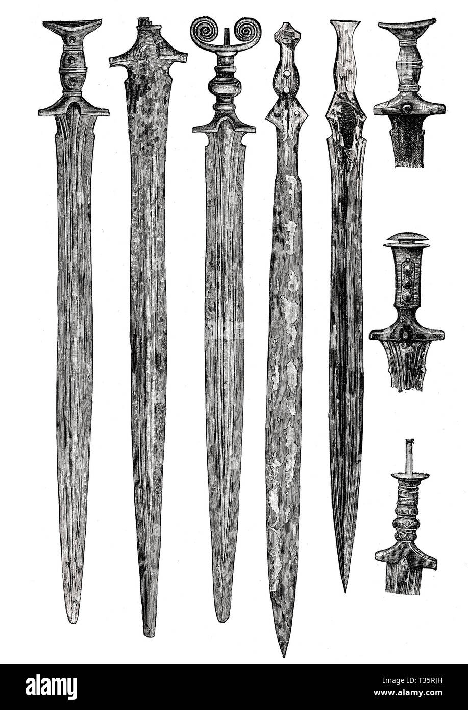 Età del Bronzo spade e le maniglie da Siti palafitticoli preistorici nell'Switzerlan Alpi, ca.5000- 500 A.C. Foto Stock