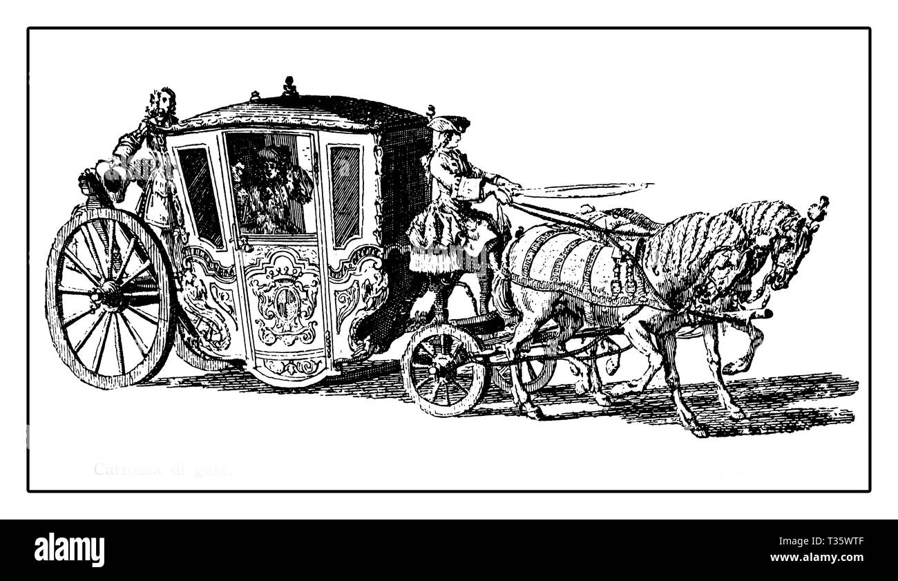 Incisione vintage di stato carrello, pullman di proprietà di uno stato di Royal utilizzano spesso visto per le visite di stato, royal matrimoni e altri alti eventi cerimoniali Foto Stock