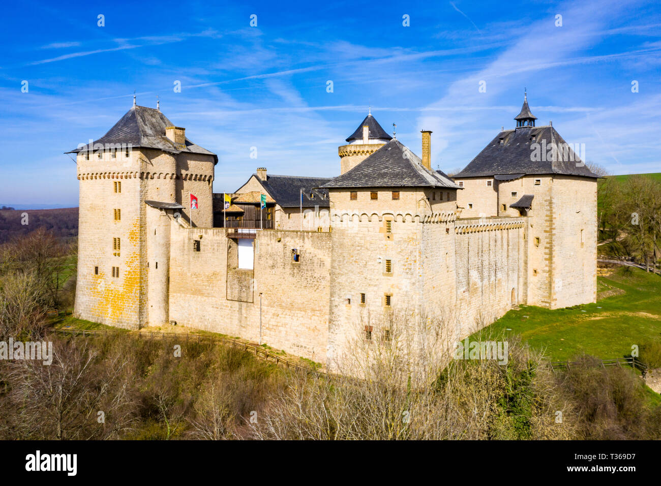 Il castello di Malbrouck (Château de Meinsberg, Burg Meinsburg), nel villaggio di Mandaren, Francia, vicino alla città di Schengen, la città di Metz, e i confini della Germania e Luxemb Foto Stock