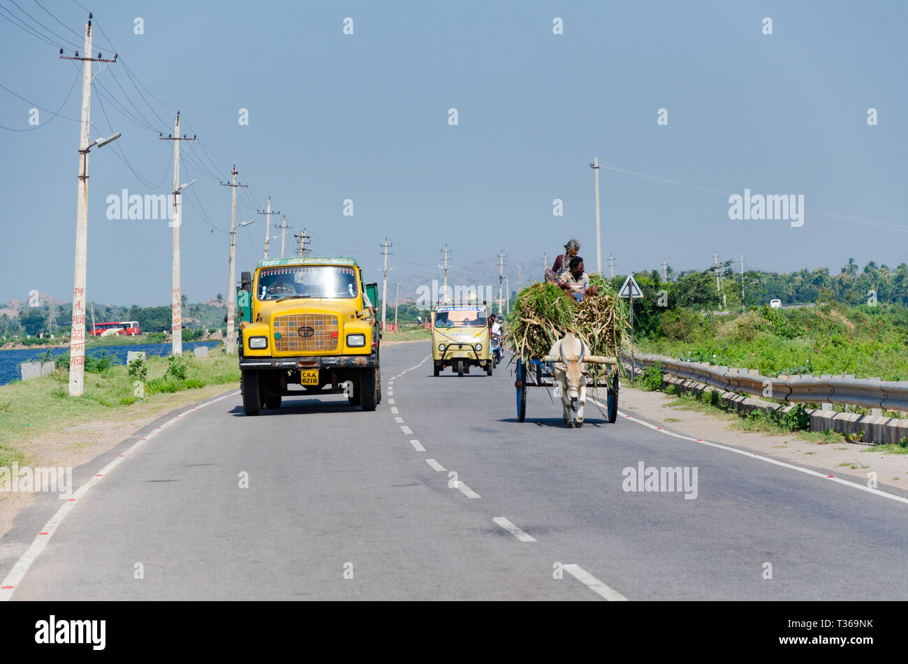 Un carrello di giovenco caricato con la canna da zucchero sull'autostrada statale 49 viene superato da un carrello in Kamalapur, Karnataka, India Foto Stock