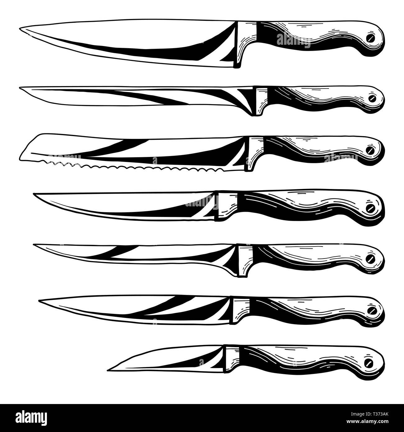 Insieme di diversi coltelli da cucina. Schizzo realistiche. Vettore Illustrazione Vettoriale