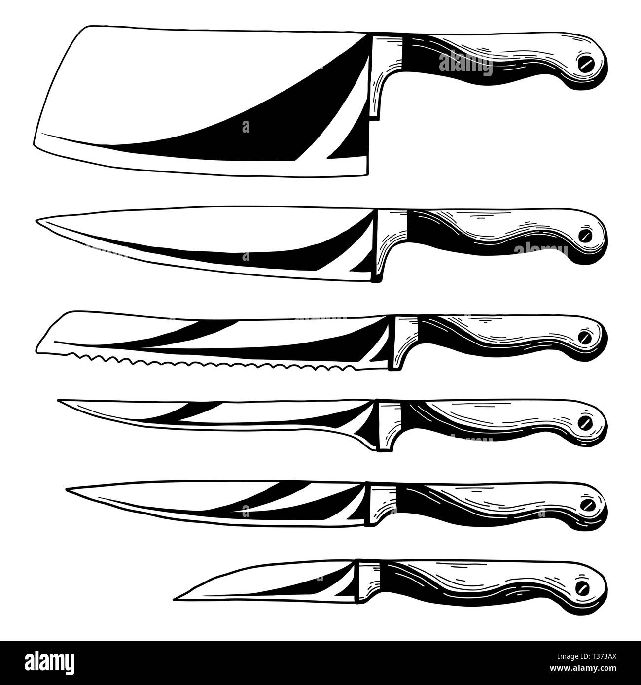 Insieme di diversi coltelli da cucina. Schizzo realistiche. Vettore Illustrazione Vettoriale