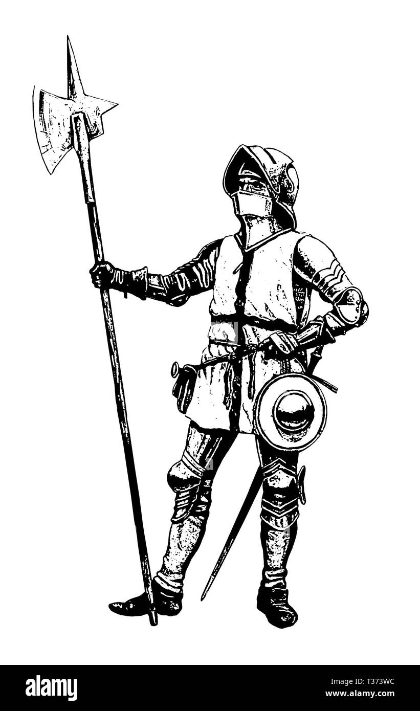 Cavaliere teutonico illustrazione. Soldato medievale con alabarda. Disegno dei crociati. Foto Stock