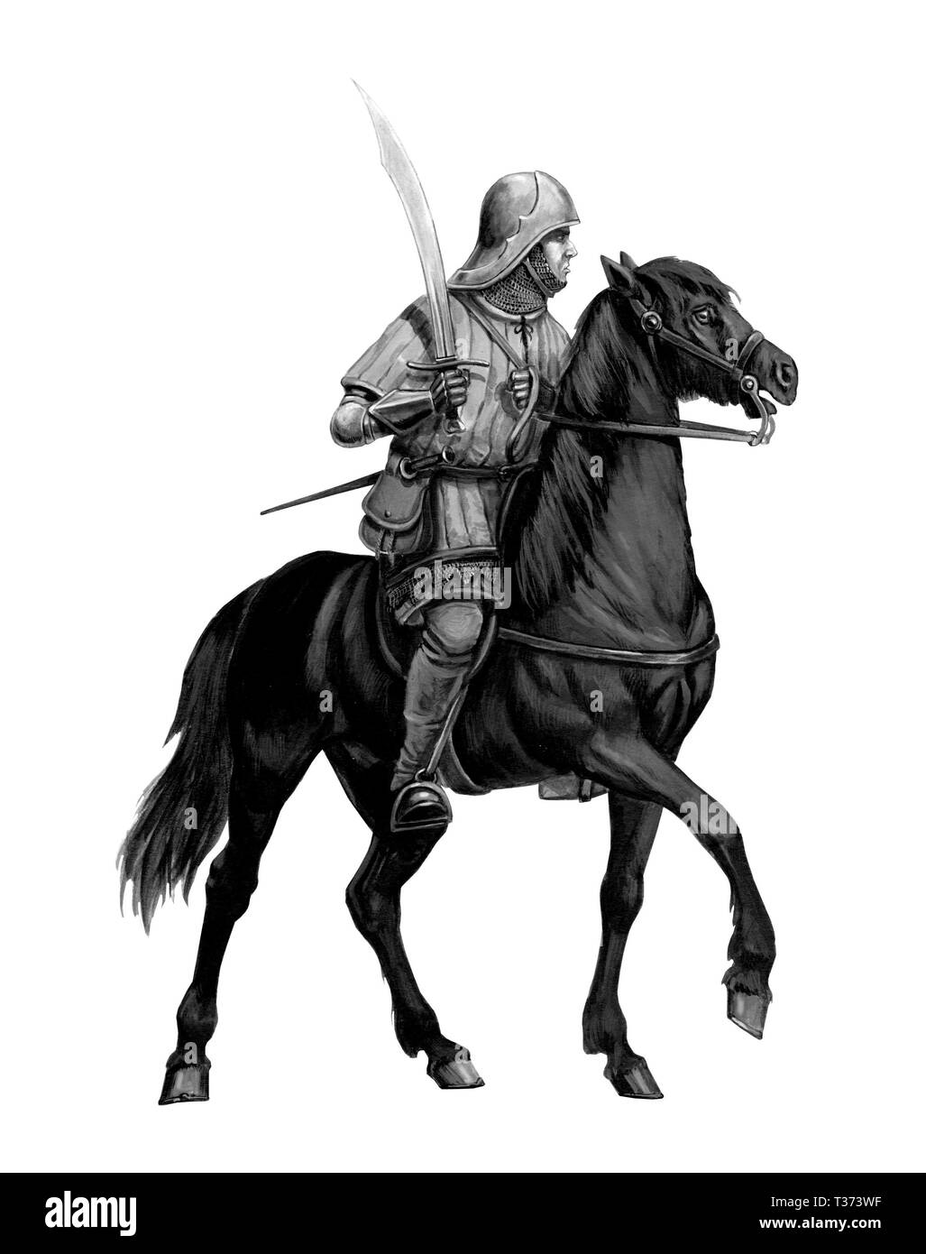Montato il cavaliere germanico, cavaliere teutonico illustrazione. Crociato a cavallo. Foto Stock