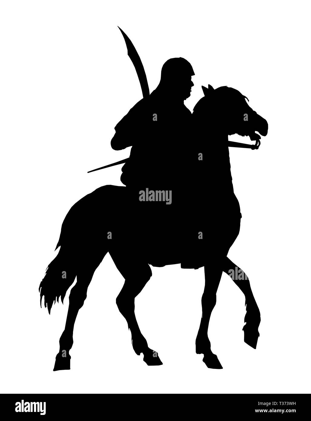 Montato il cavaliere germanico silhouette. Cavaliere teutonico illustrazione. Crociato a cavallo. Foto Stock
