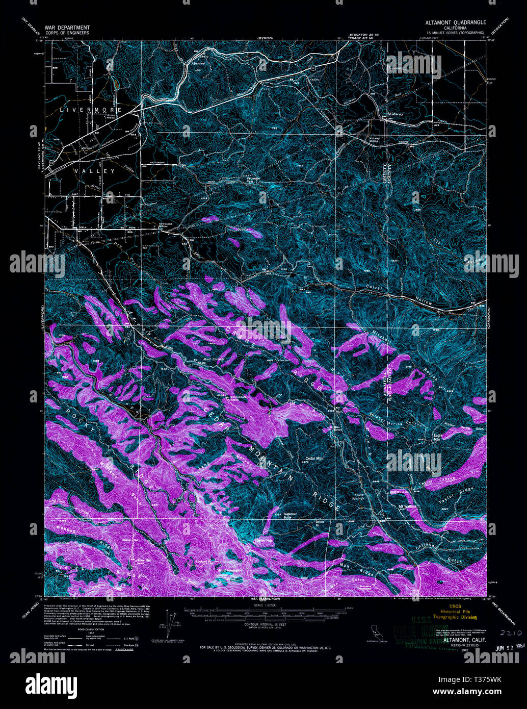USGS TOPO Map California CA Altamont 296684 1942 62500 Restauro invertito Foto Stock