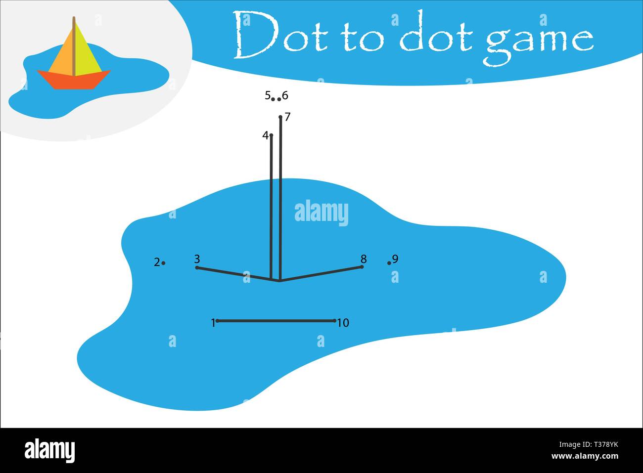 Imbarcazione in una pozza in stile cartoon, Dot to Dot game, pagina di colorazione, educazione gioco di numeri per lo sviluppo dei bambini, i bambini in età prescolare, attività di pr Illustrazione Vettoriale