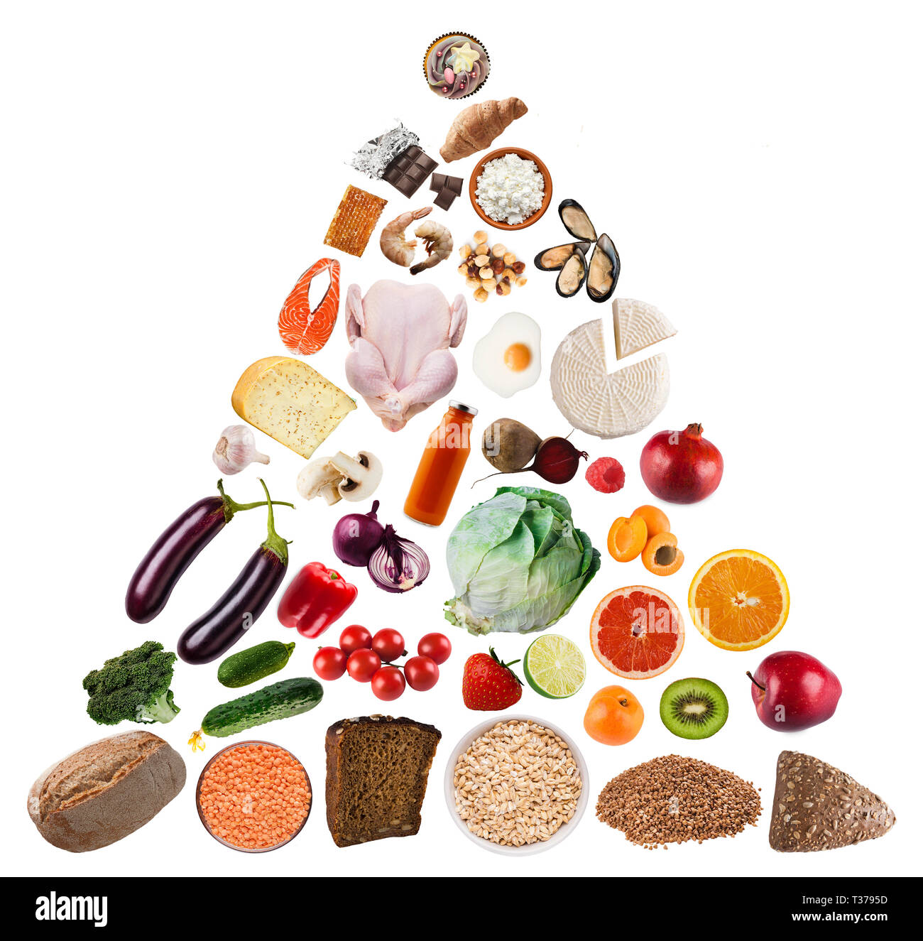 La piramide alimentare su sfondo bianco. Una nutrizione equilibrata concept Foto Stock