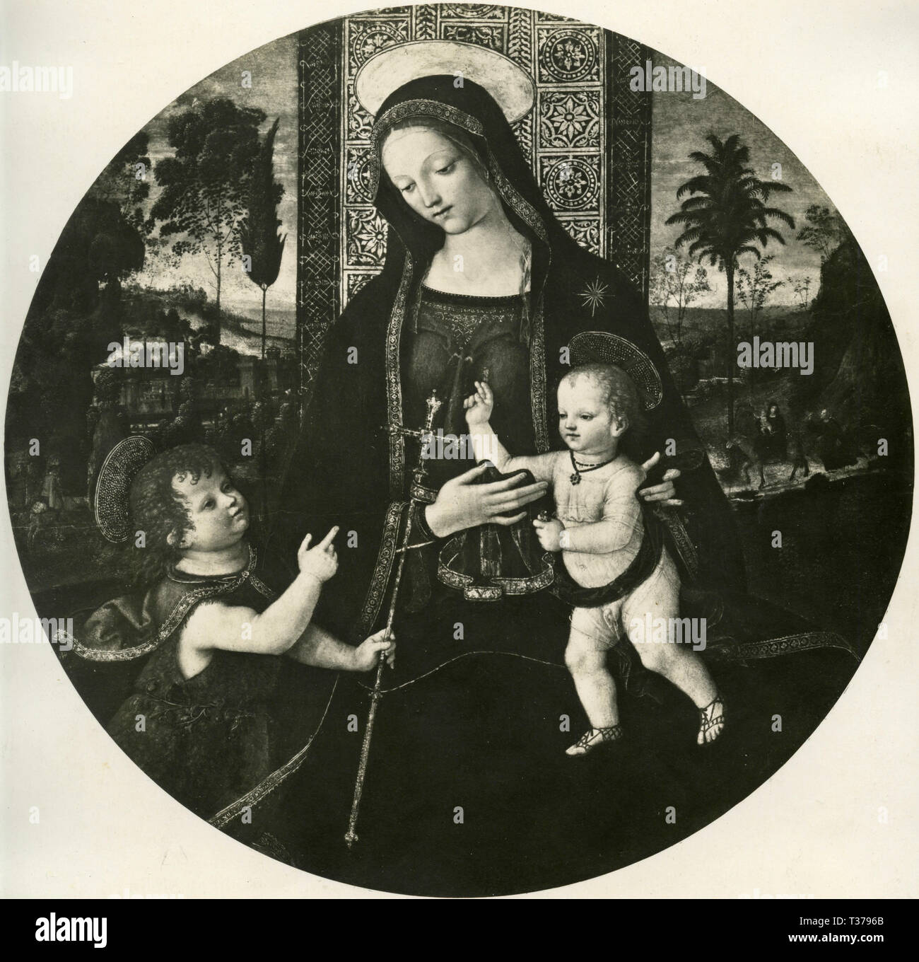 La Vergine e il bambino con il bambino San Giovanni Battista, la pittura dal Rinascimento italiano maestro Sandro Botticelli Foto Stock