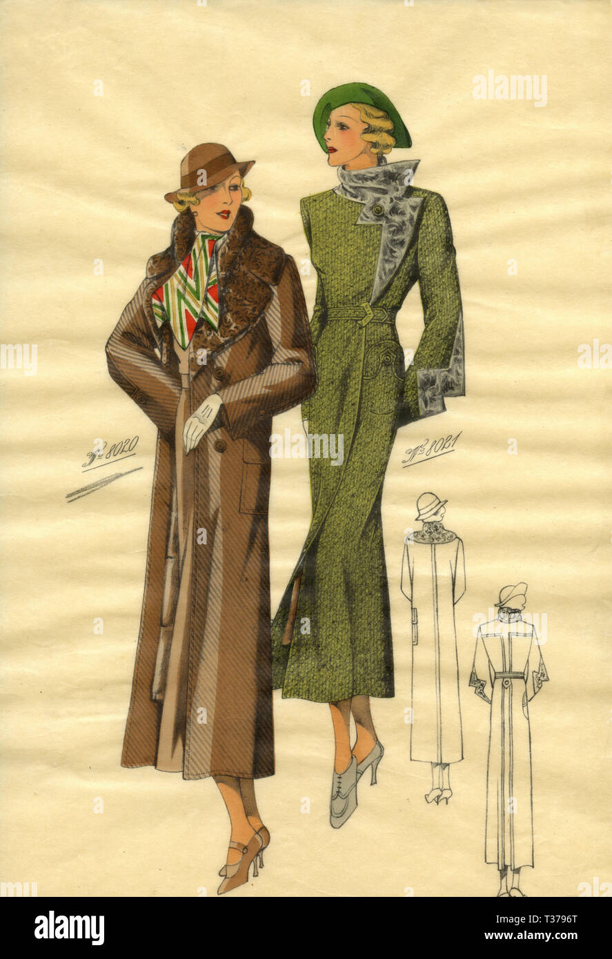 Il francese di moda vintage sketch, Donna cappotti 1930s Foto Stock