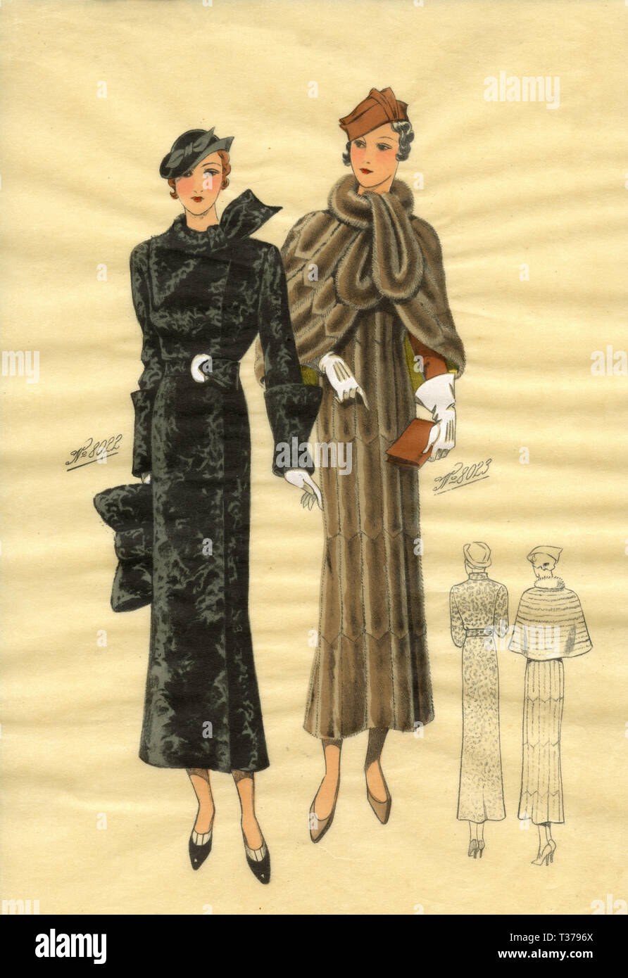 Il francese di moda vintage sketch, Donna cappotti 1930s Foto Stock Il francese di moda vintage sketch, Donna cappotti 1930s Foto Stock